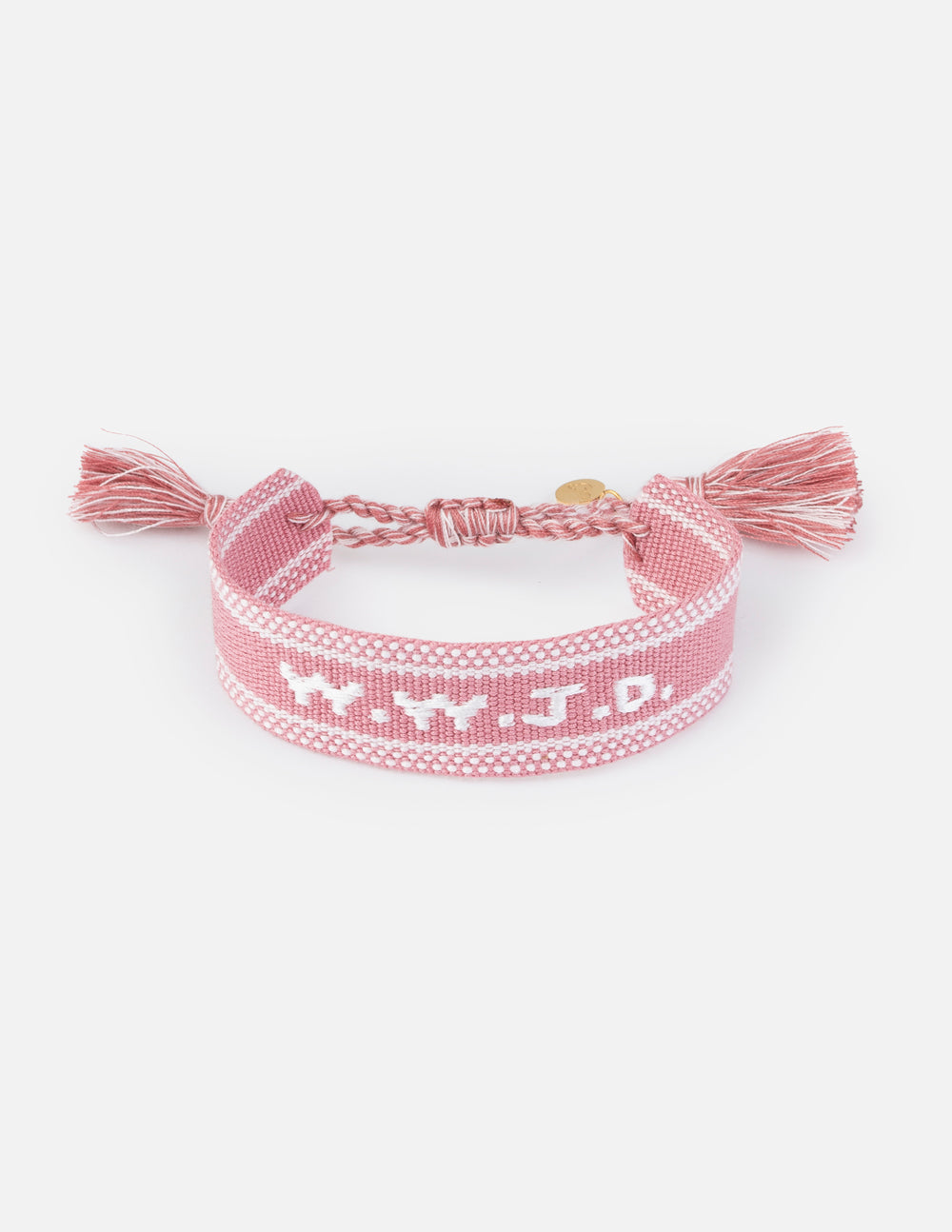 Pink woven fabric bracelet with What Would Jesus Do embroidered text