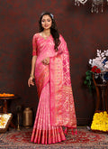 Pink Organza silk saree with intricate Meenakari woven pallu design