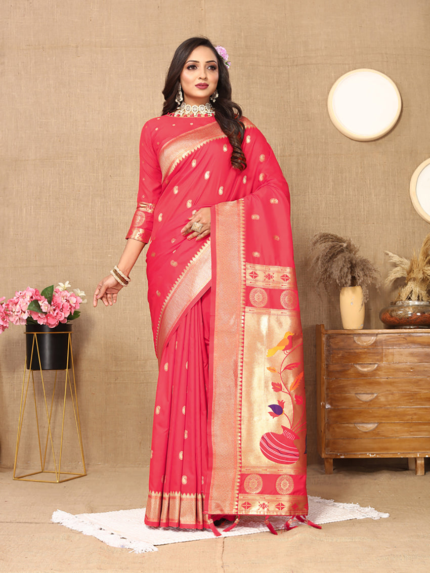 Pink Soft Paithani Silk saree with ornate Zari Meenakari pallu and matching blouse