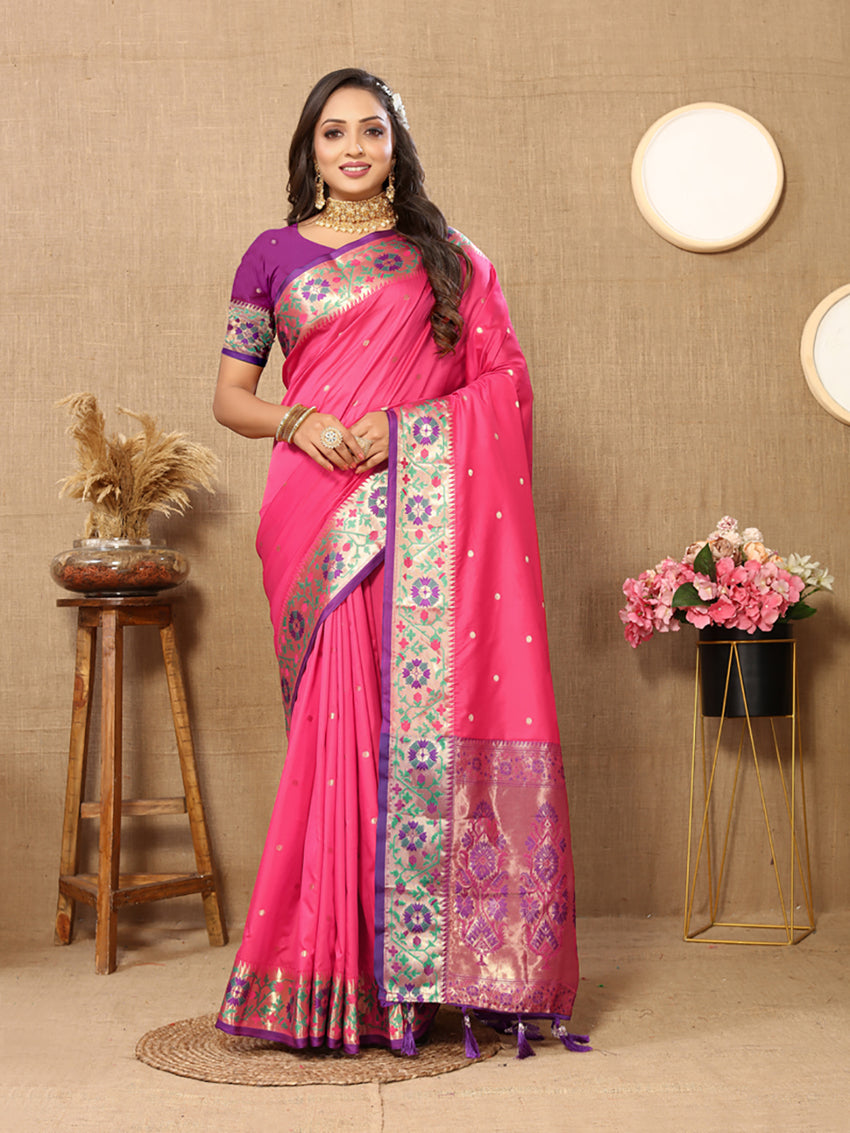 Pink Soft Paithani silk saree with intricate Meenakari Zari woven pallu detail