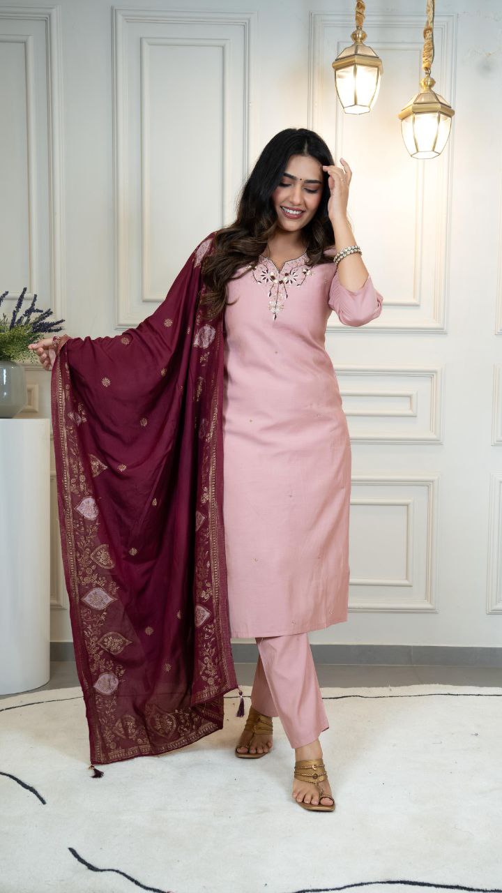 Pink Roman Silk Kurta Pant Set with Hand Work and Dupatta