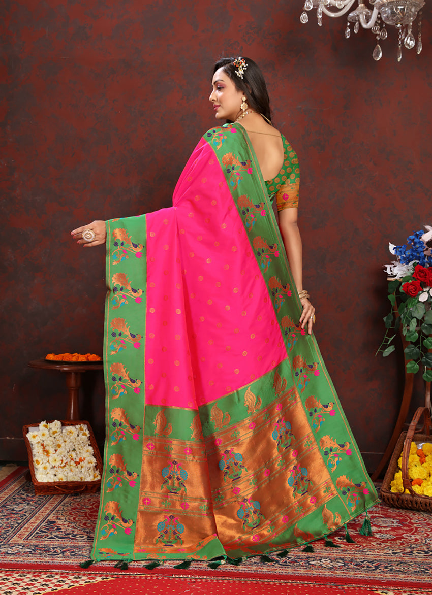 Pink Soft Paithani Silk Saree with Rich Zari Meenakari Work
