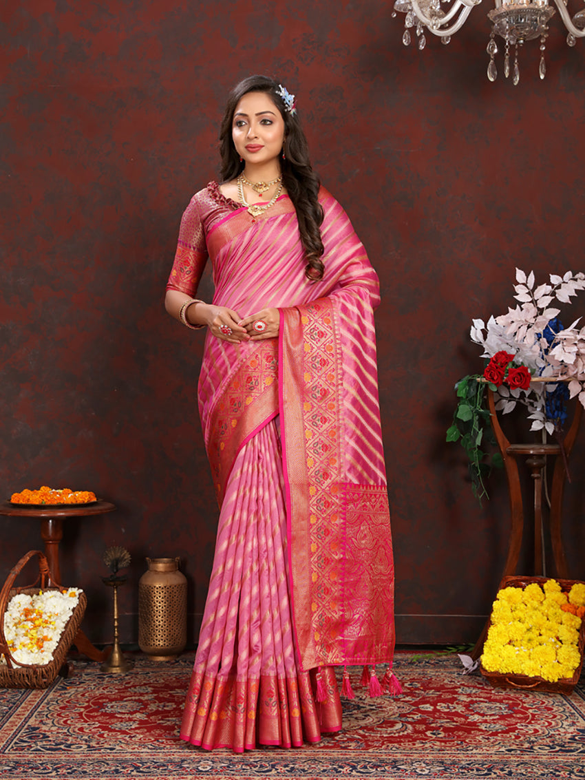 Pink Organza Silk Saree with detailed Meenakari woven pallu.