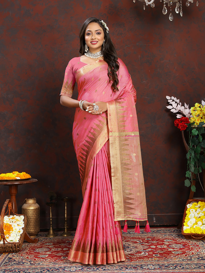 Pink soft katan silk saree with gold zari woven pallu and matching blouse fabric