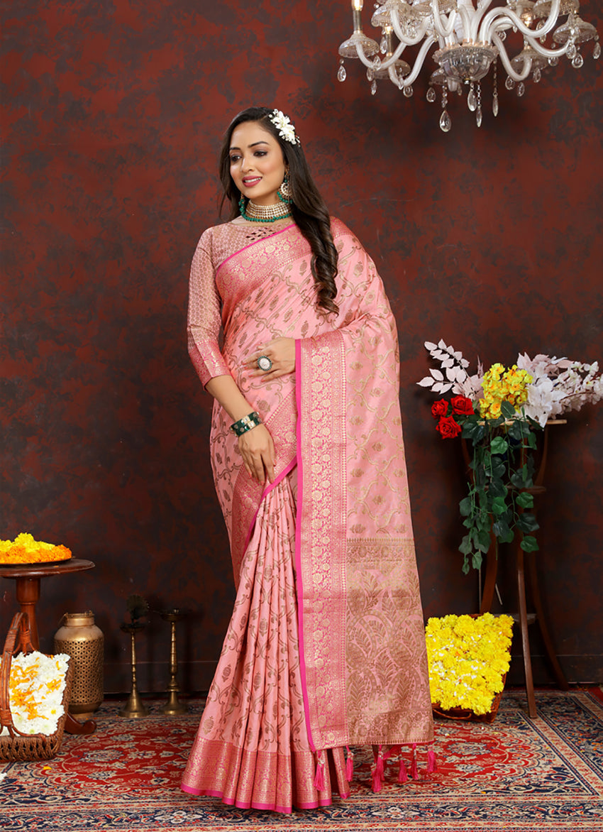 Lorenvalley Fashion Pink Soft Katan Silk Woven Design Rich Zari Weaving Pallu Saree