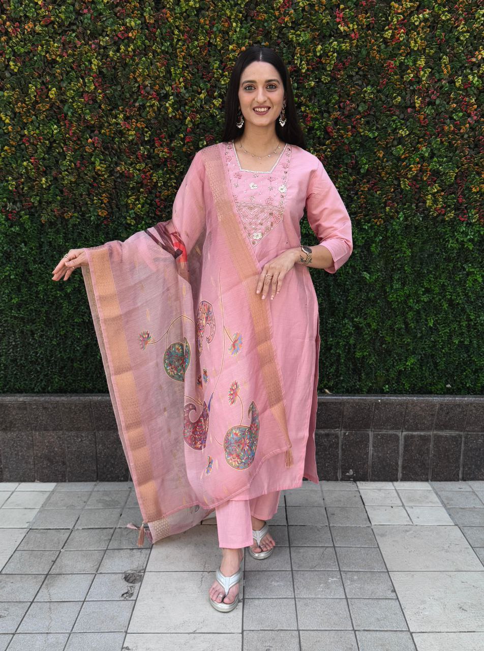 Pink Roman Silk Kurta Pant Set with Hand Work and Dupatta