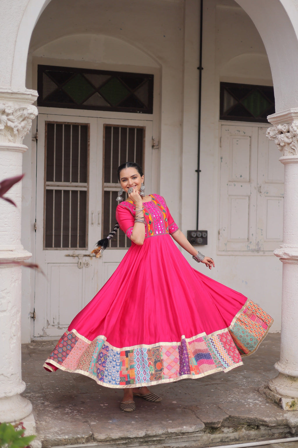 Pink Roman Silk Gown with Mirror Work and Maslin Crochet Print