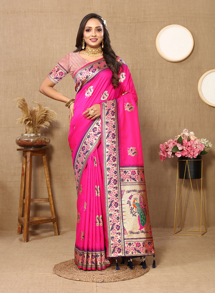 Pink soft Paithani silk saree with rich meenakari and zari woven pallu.