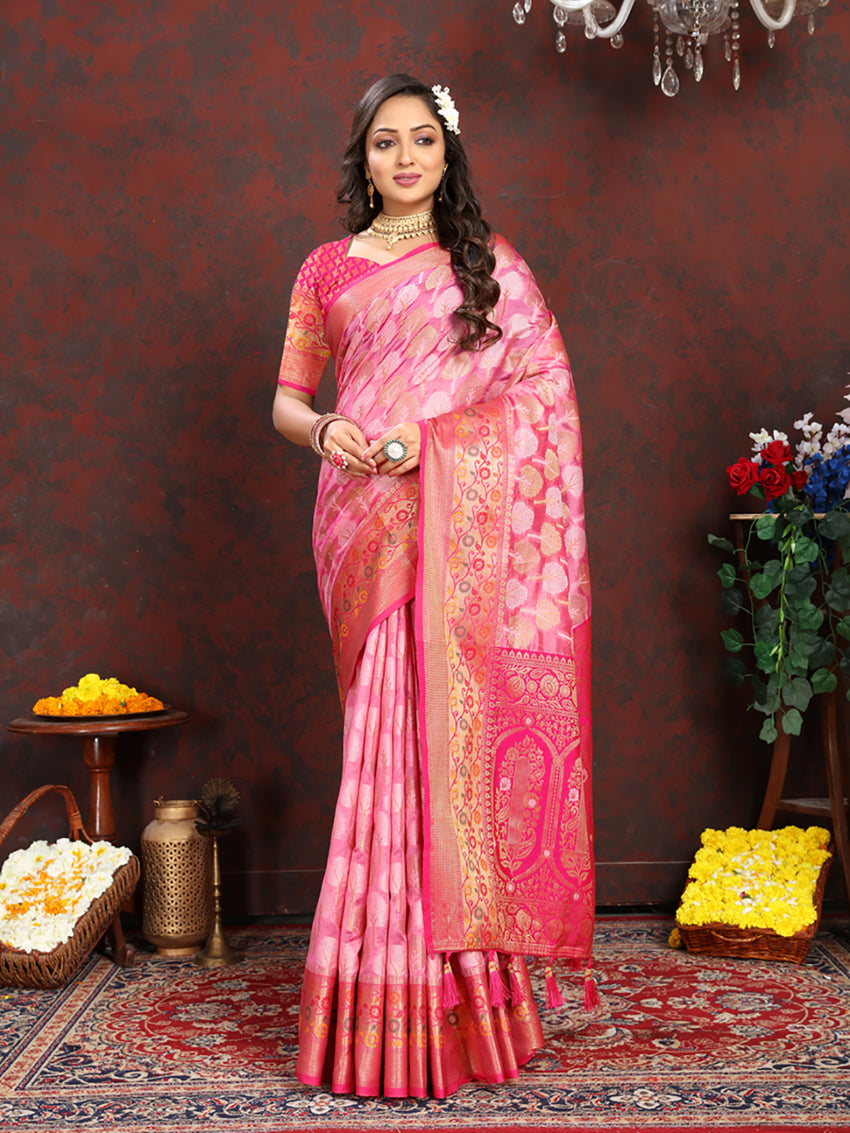 Pink Organza silk saree with detailed Meenakari woven pallu, elegantly draped