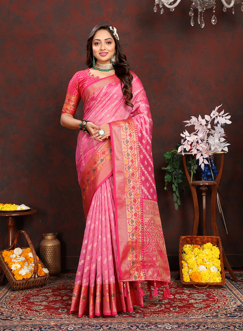 Beautiful pink organza silk saree with detailed Meenakari woven pallu