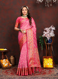 Beautiful pink organza silk saree with detailed Meenakari woven pallu