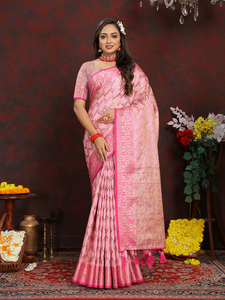 Elegant pink soft katan silk saree with gold zari woven details and rich pallu