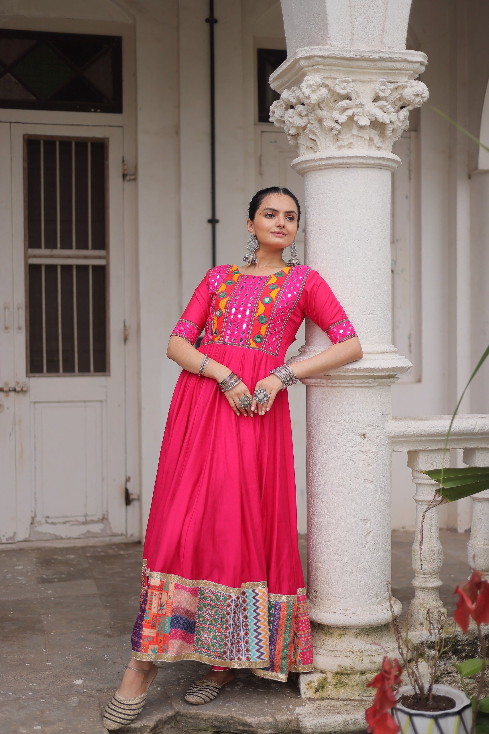 Pink Roman Silk Gown with Mirror Work and Maslin Crochet Print