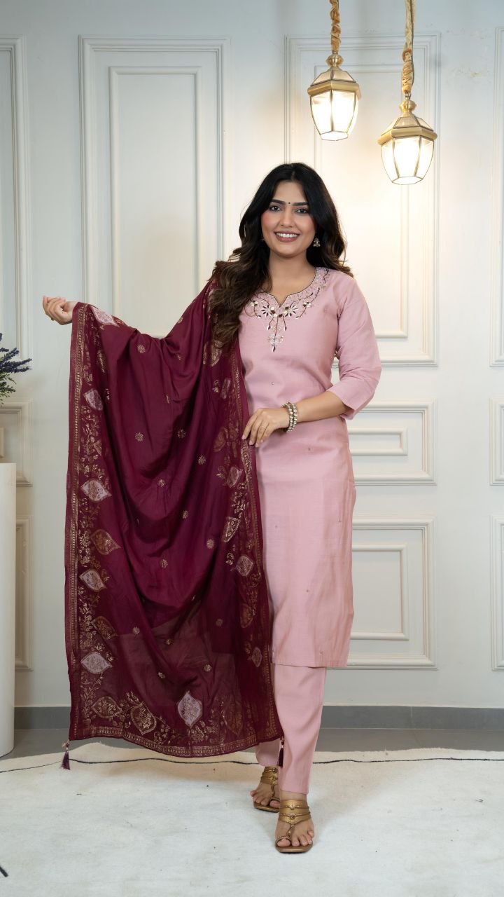 Pink Roman Silk Kurta Pant Set with Hand Work and Dupatta