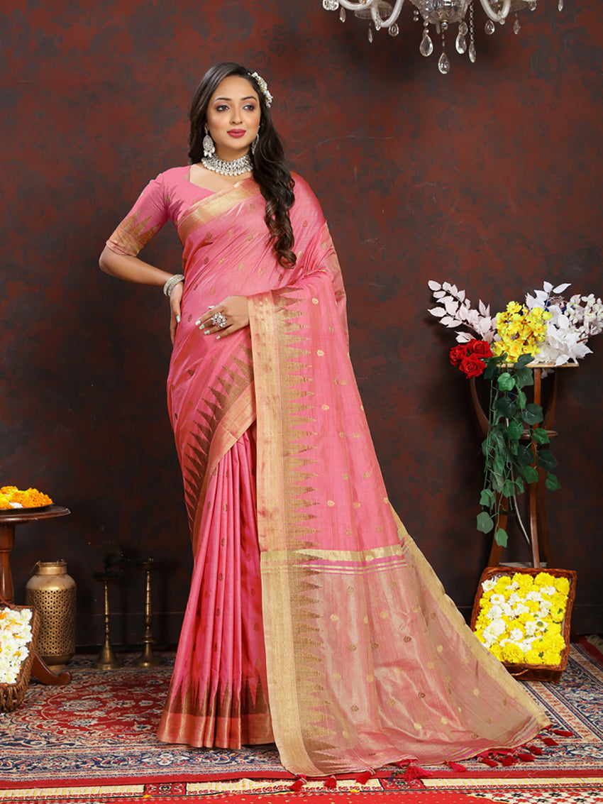 Pink Soft Katan Silk Saree with Traditional Zari Weaving Pallu