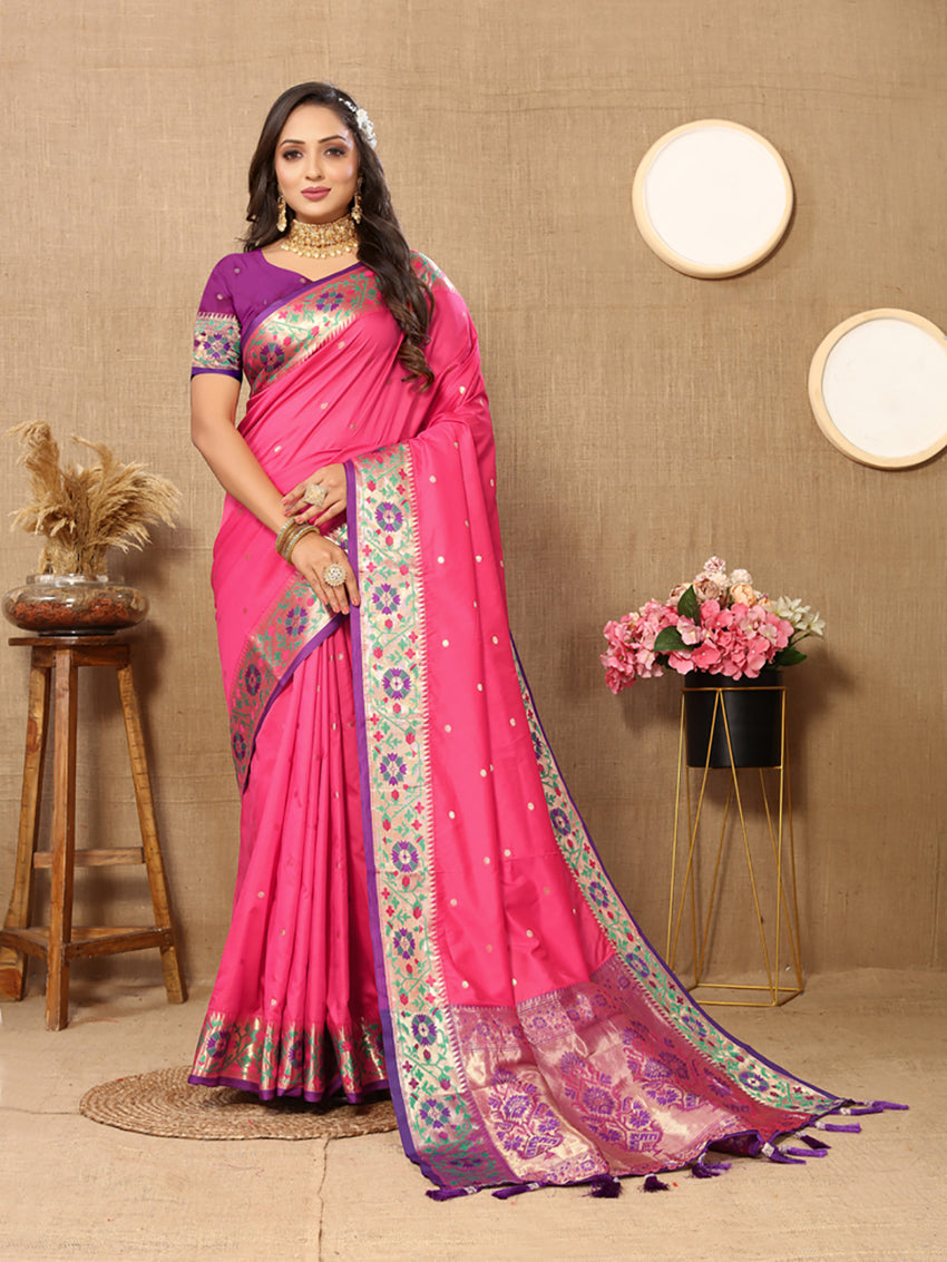 Pink Soft Paithani Silk Saree with Meenakari Zari Woven Pallu