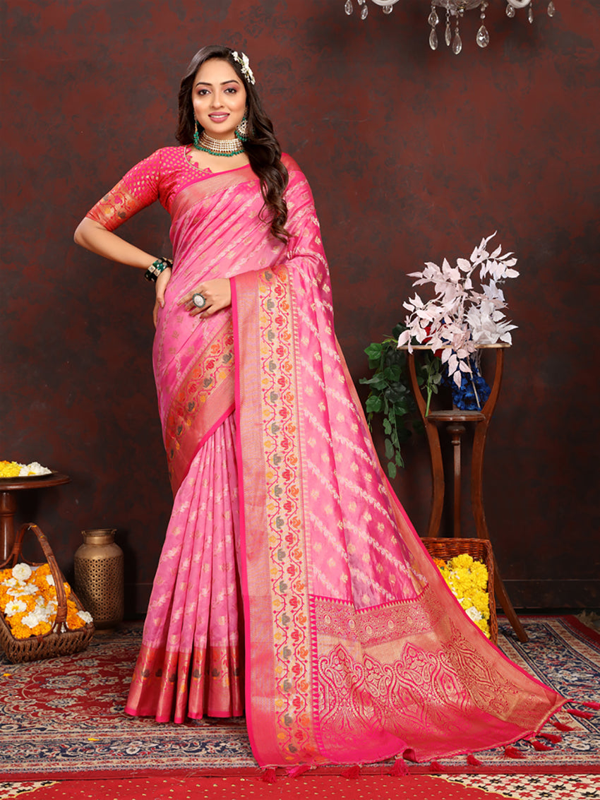 Pink Organza Silk Saree with Meenakari Woven Pallu