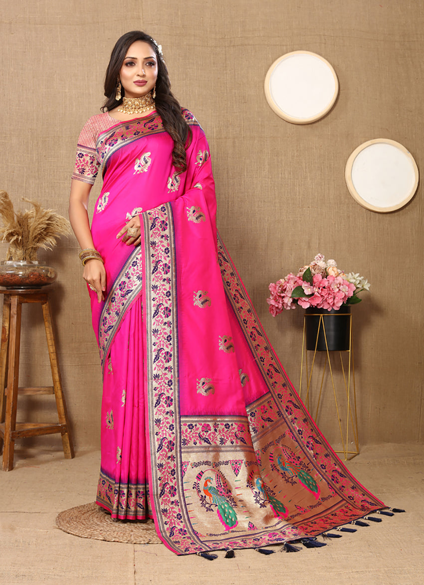 Pink Soft Paithani Silk Saree with Meenakari Zari Pallu