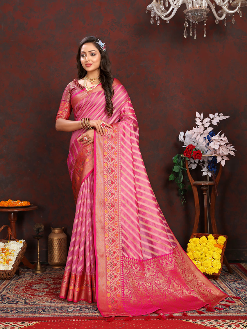 Pink Organza Silk Saree with Rich Meenakari Weaving Pallu