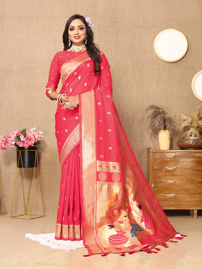 Pink Soft Paithani Silk Saree with Zari Meenakari Weaving