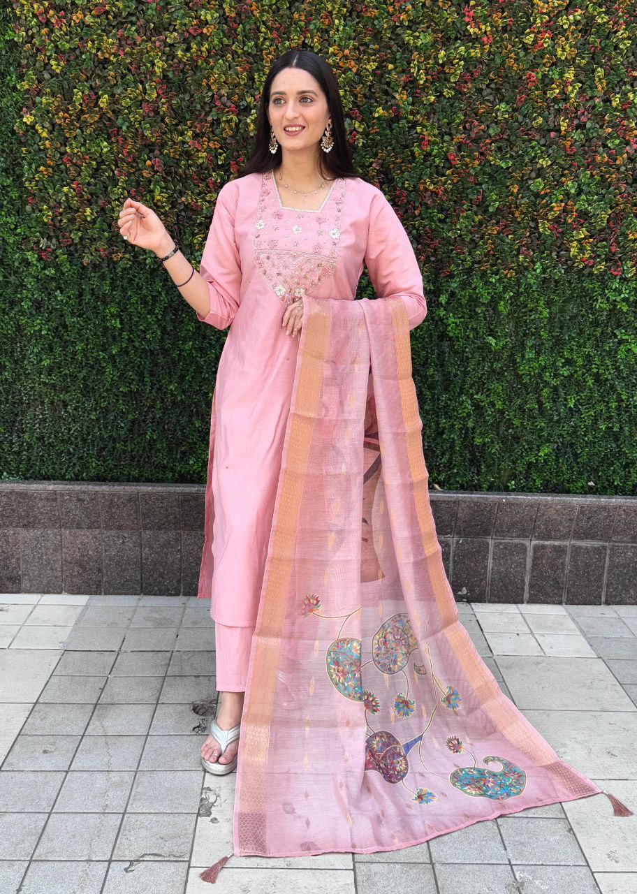 Pink Roman Silk Kurta Pant Set with Hand Work and Dupatta