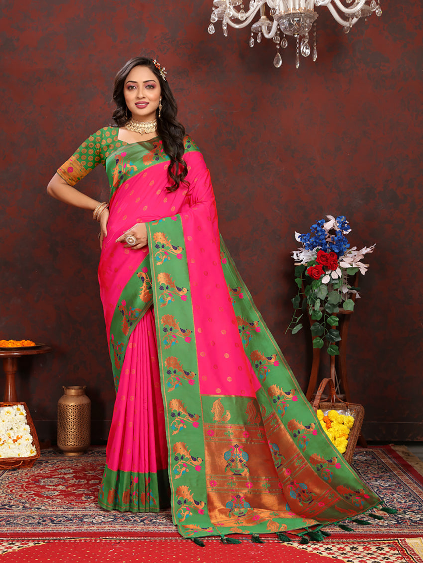 Pink Soft Paithani Silk Saree with Rich Zari Meenakari Work