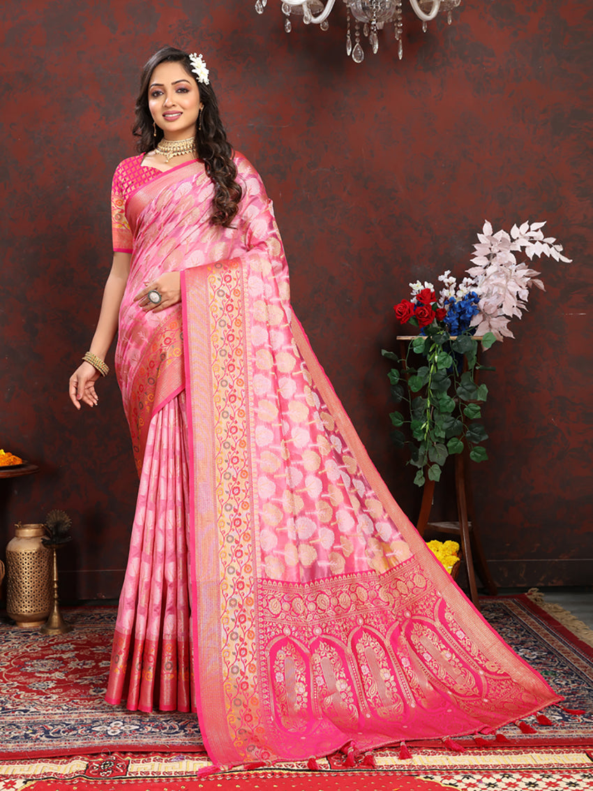 Pink Organza Silk Saree with Meenakari Woven Pallu