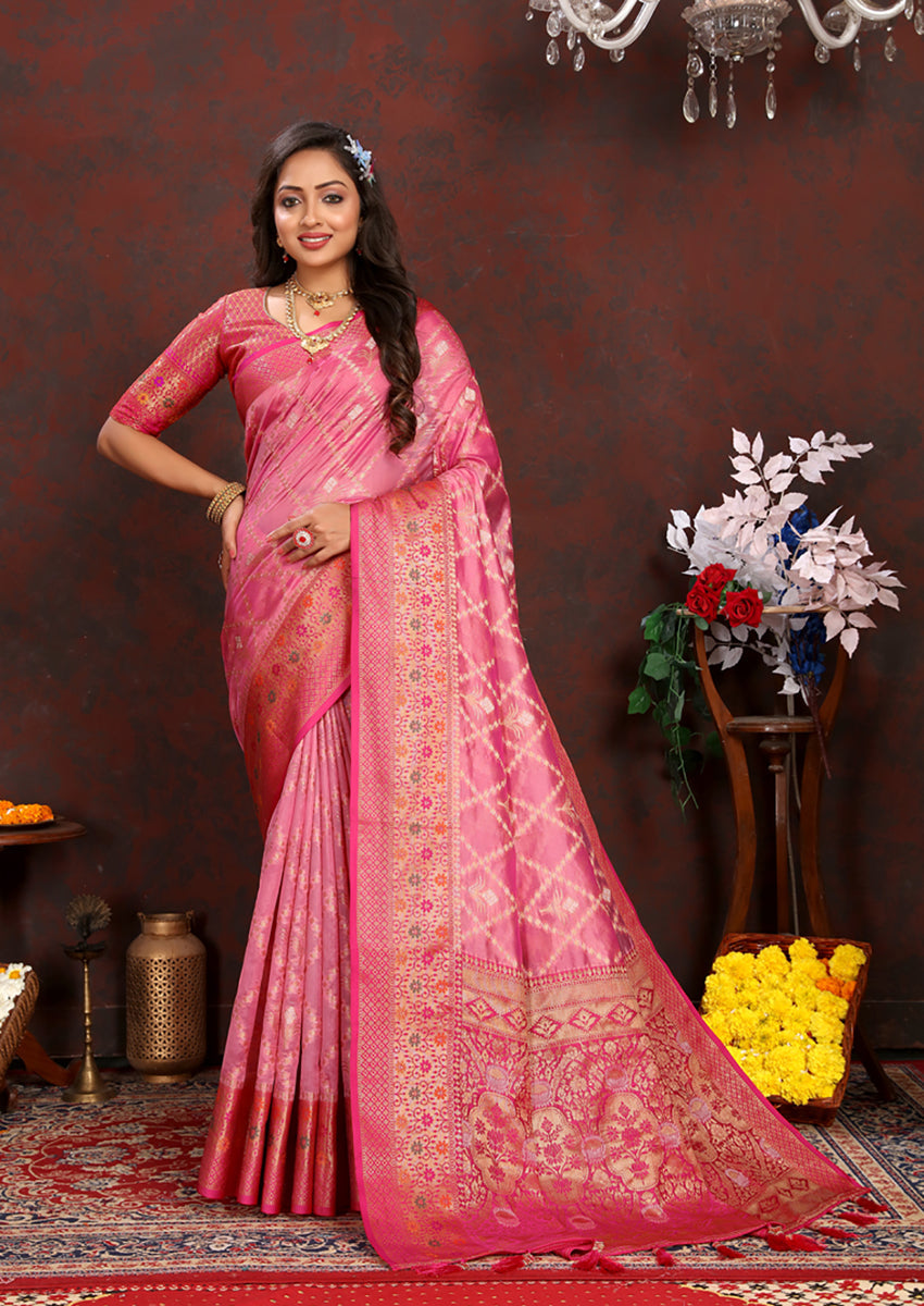 Pink Organza Silk Saree with Rich Meenakari Weaving Pallu