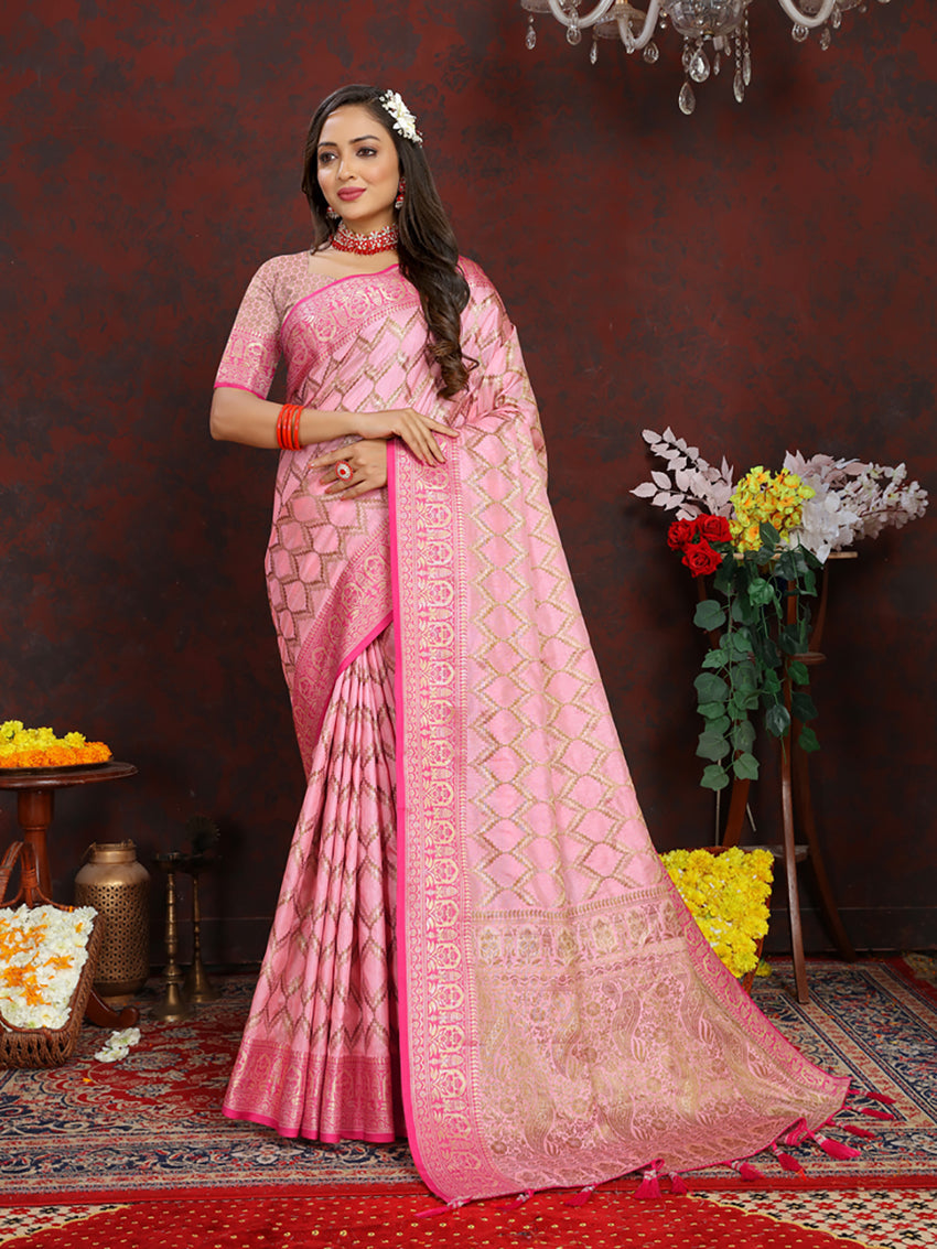 Pink Soft Katan Silk Saree with Rich Zari Weaving Pallu