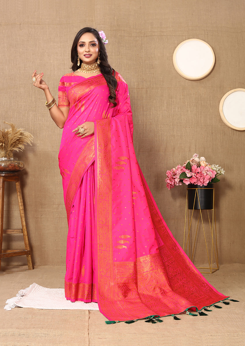 Pink Soft Silk Saree with Elegant Copper Zari Weaving Design