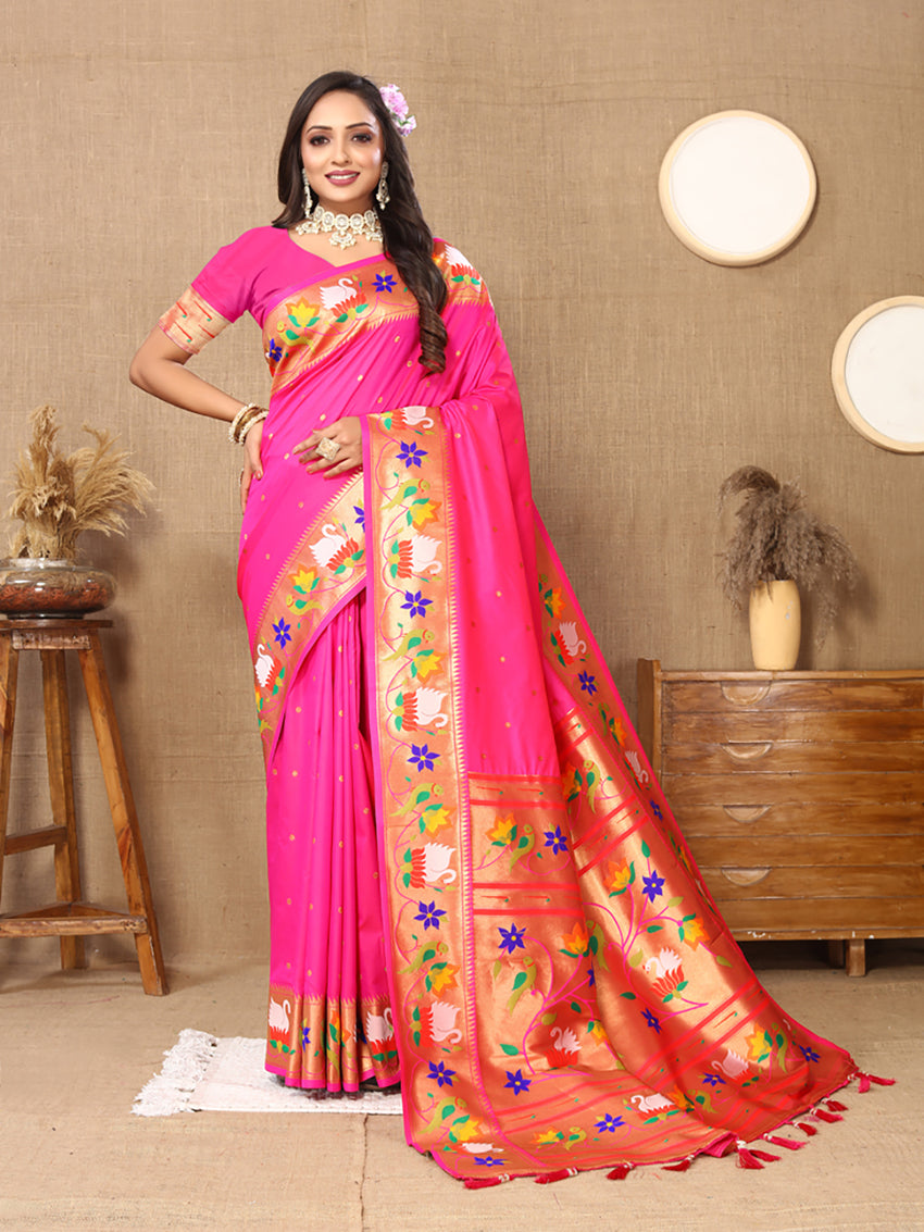 Pink Soft Paithani Silk Saree with Rich Zari Meenakari Weaving