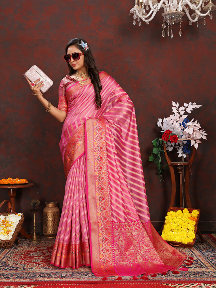 Pink Organza Silk Saree with Rich Meenakari Weaving Pallu