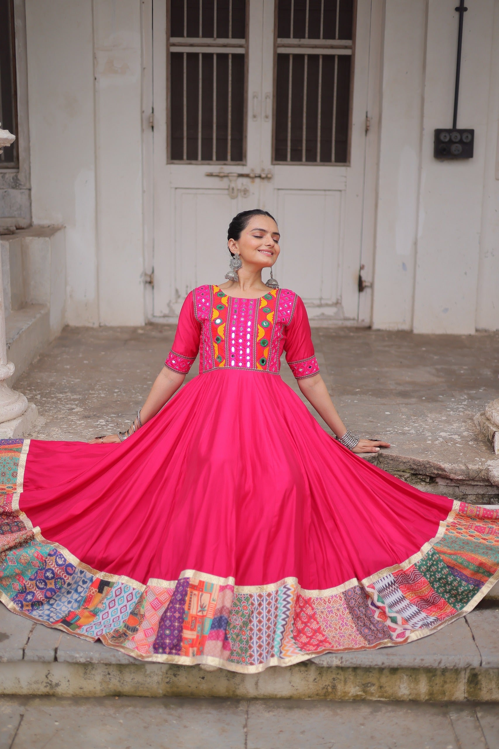 Pink Roman Silk Gown with Mirror Work and Maslin Crochet Print
