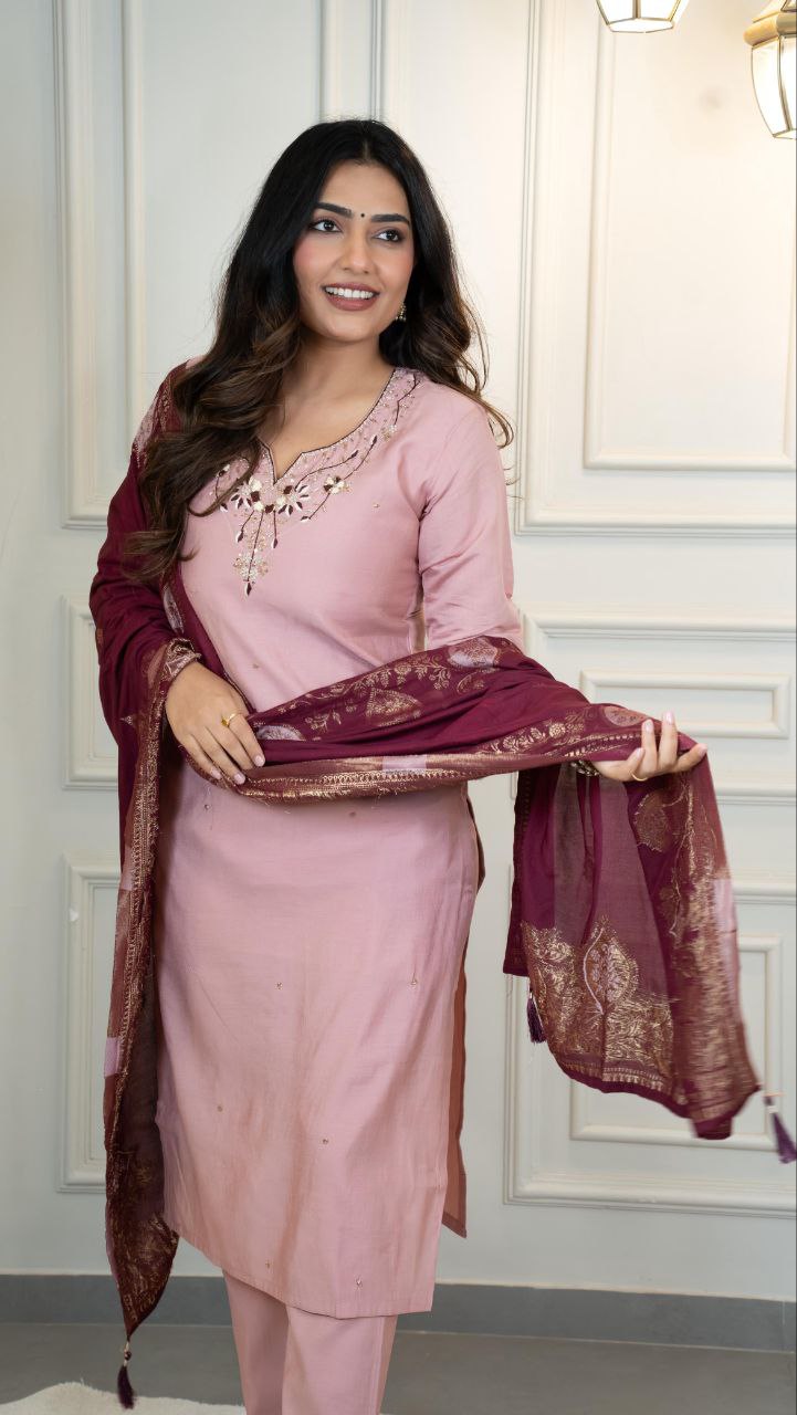 Pink Roman Silk Kurta Pant Set with Hand Work and Dupatta