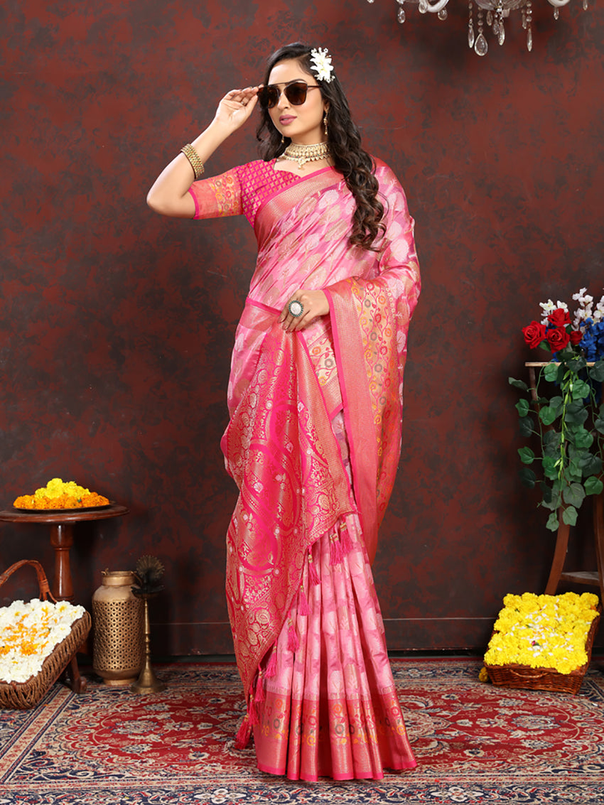 Pink Organza Silk Saree with Meenakari Woven Pallu