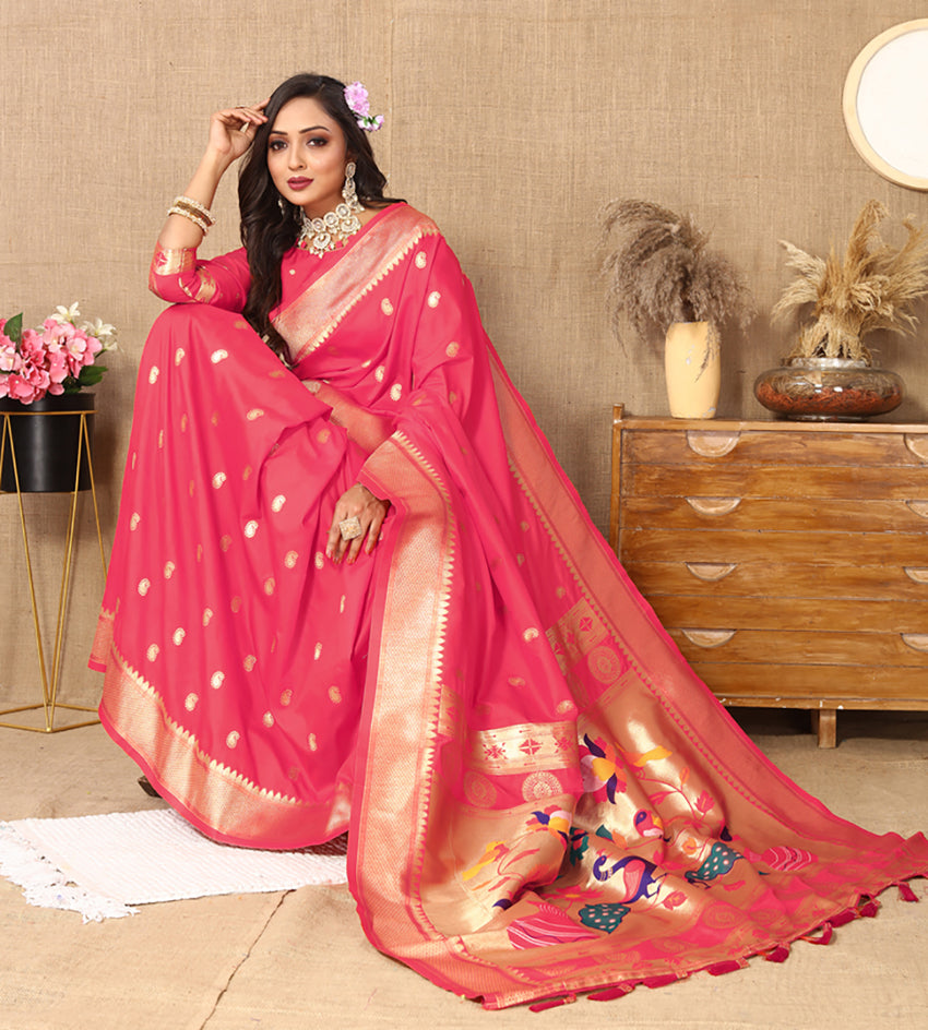 Pink Soft Paithani Silk Saree with Zari Meenakari Weaving