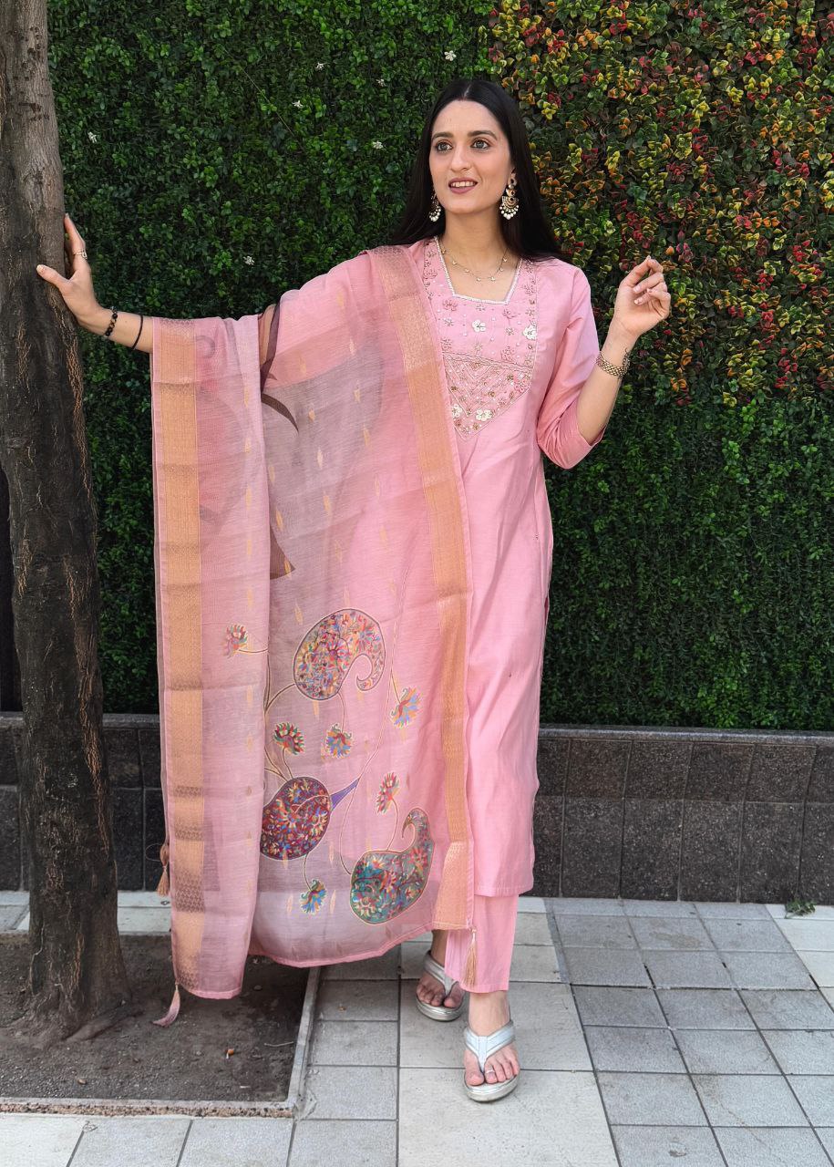 Pink Roman Silk Kurta Pant Set with Hand Work and Dupatta