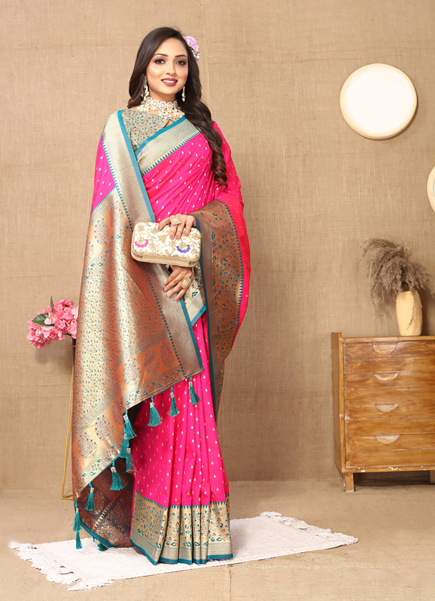 Lorenvalley Fashion Pink Soft Silk weaving Design Rich Zari Weaving Saree