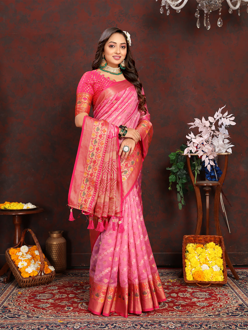Pink Organza Silk Saree with Meenakari Woven Pallu