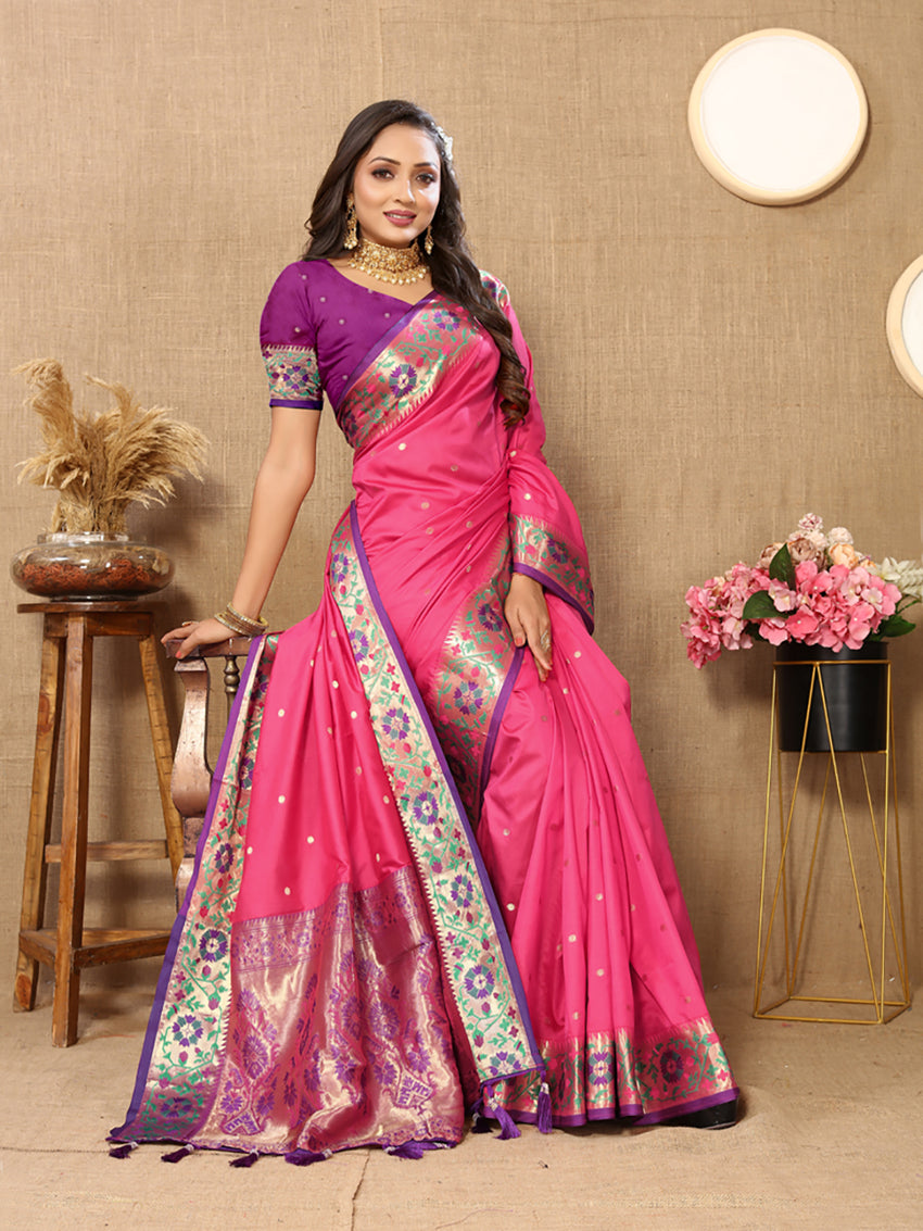Pink Soft Paithani Silk Saree with Meenakari Zari Woven Pallu