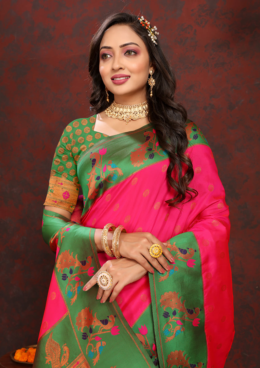 Pink Soft Paithani Silk Saree with Rich Zari Meenakari Work