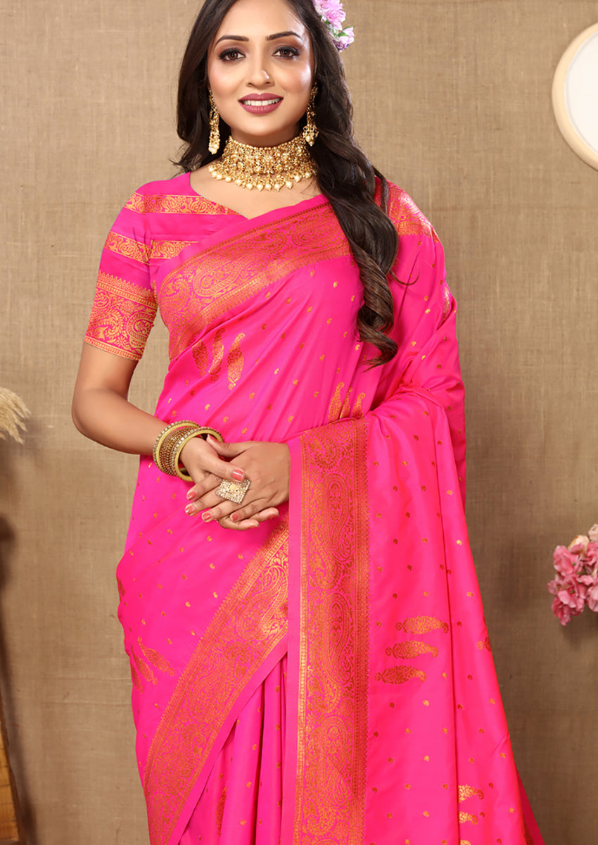 Pink Soft Silk Saree with Elegant Copper Zari Weaving Design