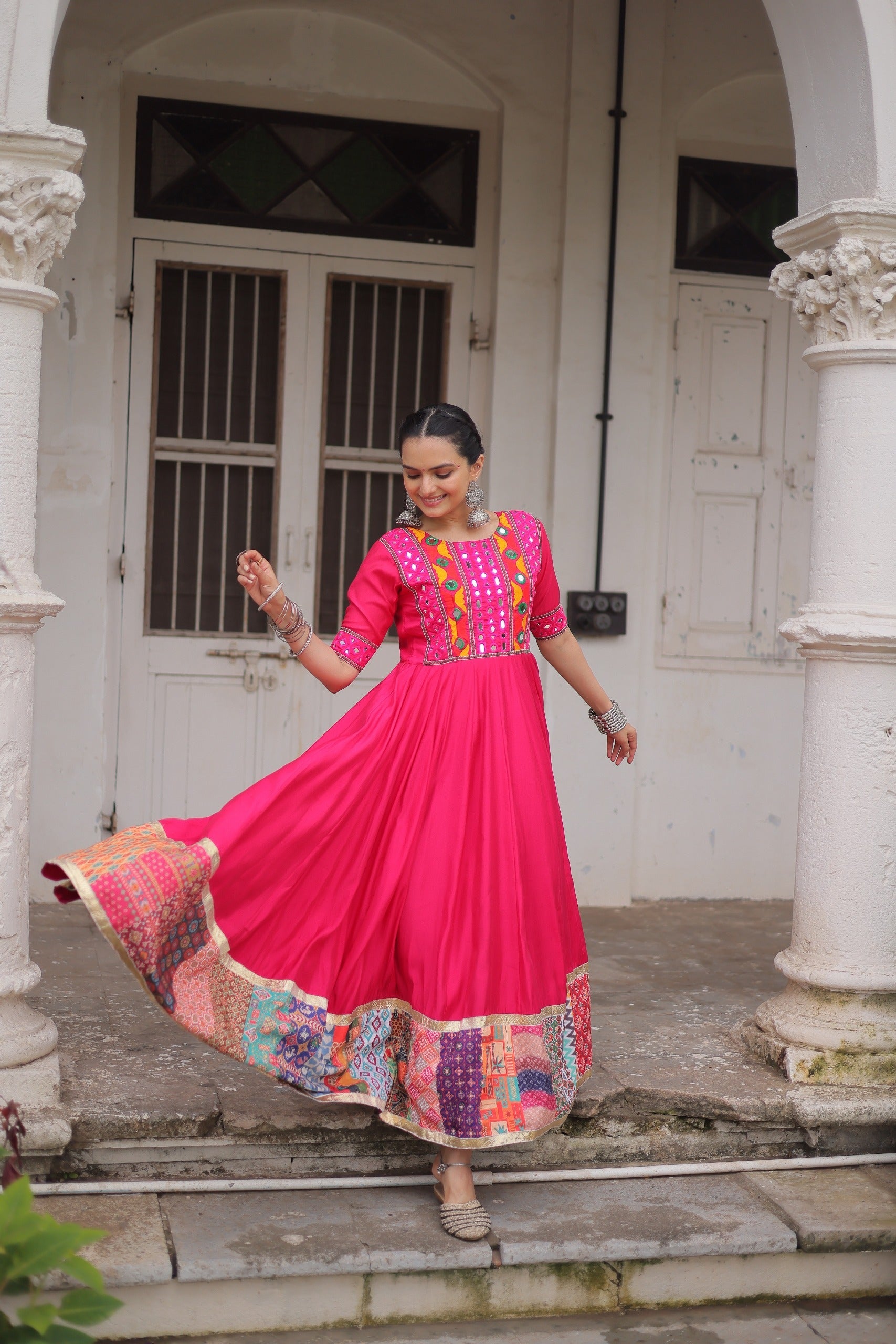 Pink Roman Silk Gown with Mirror Work and Maslin Crochet Print
