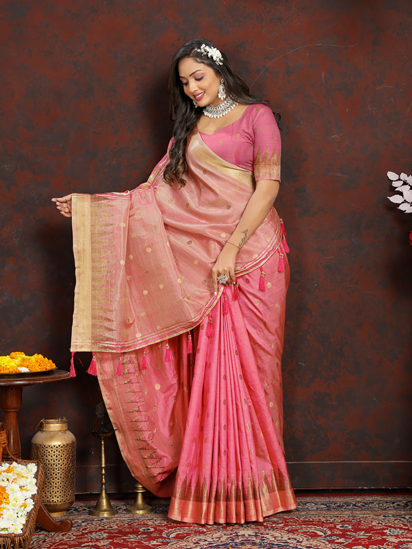 Pink Soft Katan Silk Saree with Traditional Zari Weaving Pallu