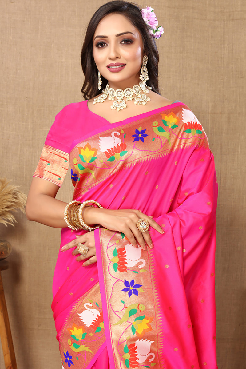 Pink Soft Paithani Silk Saree with Rich Zari Meenakari Weaving