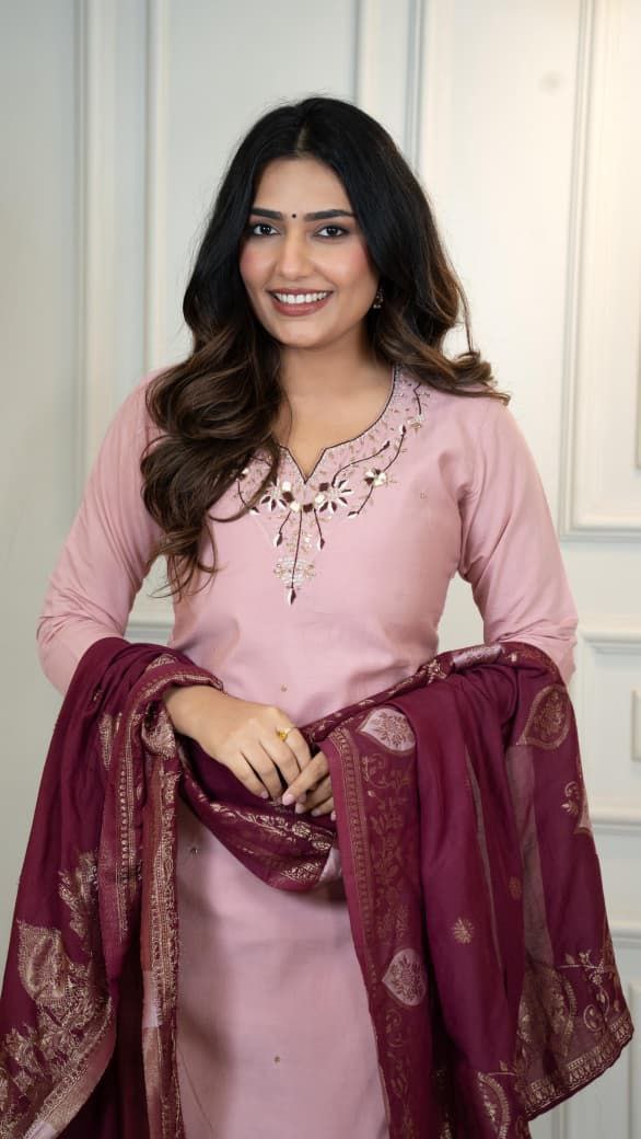 Pink Roman Silk Hand Work Kurta Set with Dupatta for Women