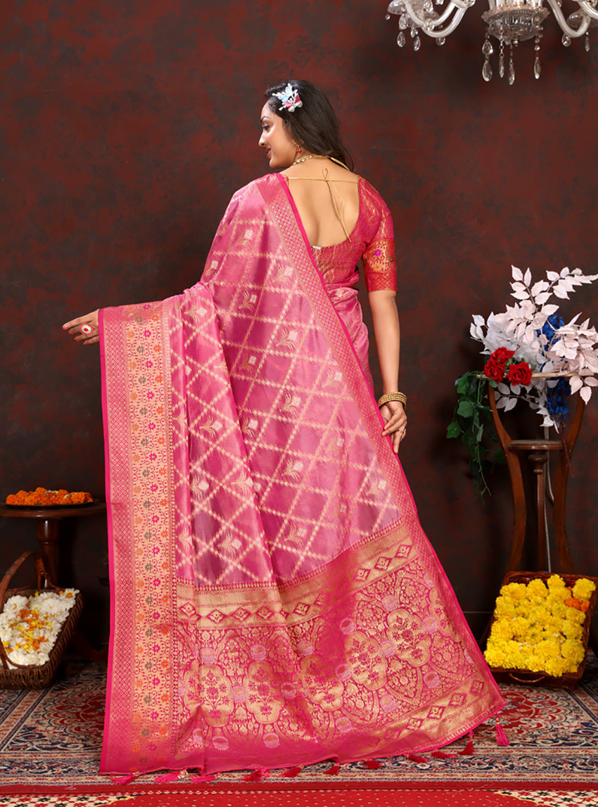 Pink Organza Silk Saree with Rich Meenakari Weaving Pallu