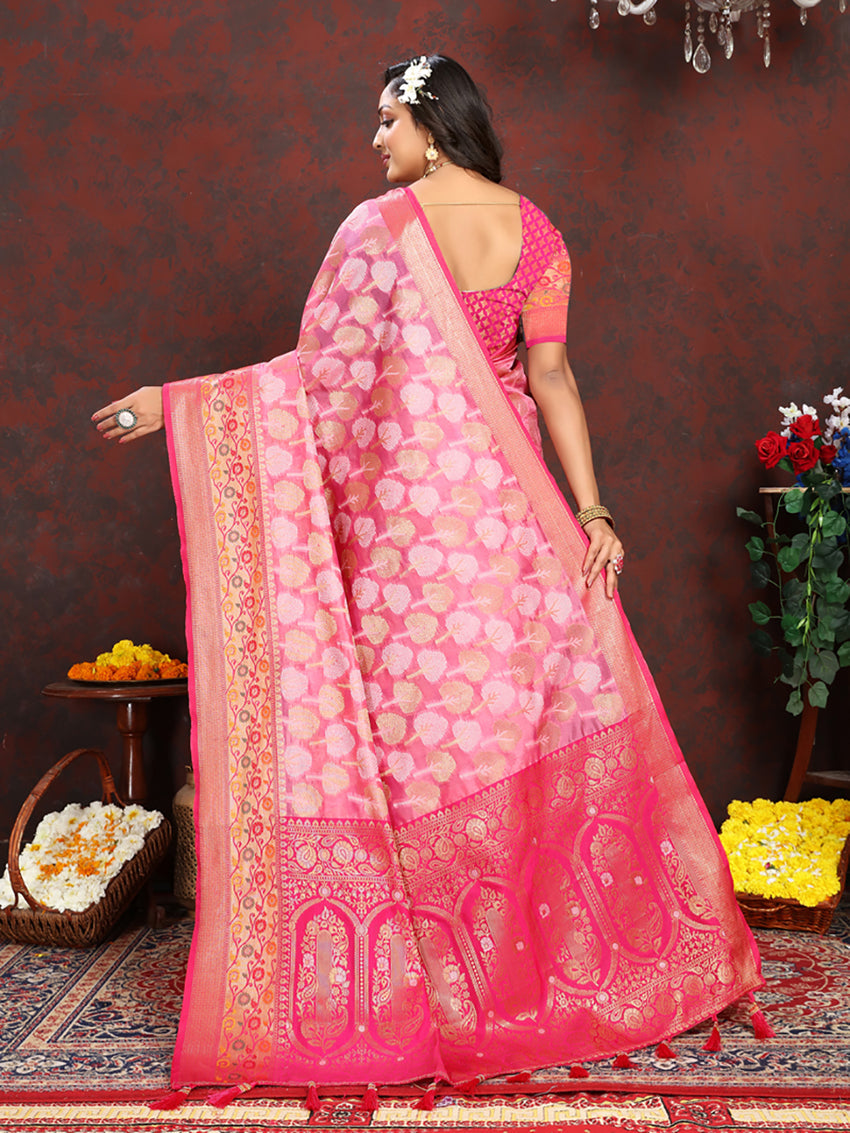 Pink Organza Silk Saree with Meenakari Woven Pallu
