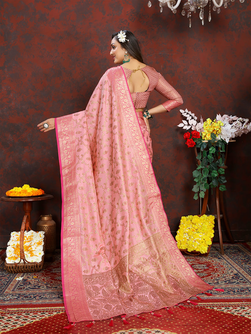 Lorenvalley Fashion Pink Soft Katan Silk Woven Design Rich Zari Weaving Pallu Saree