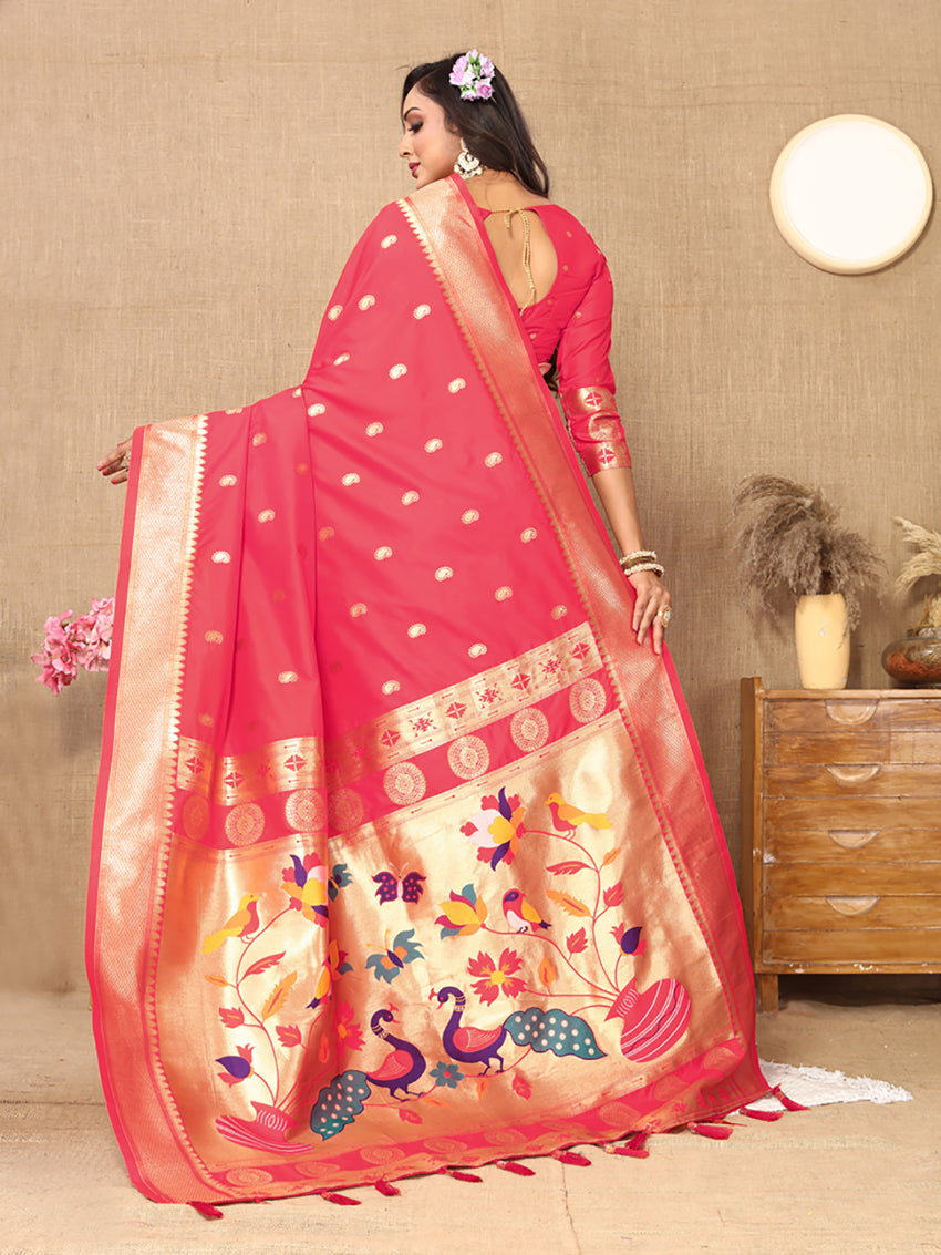 Pink Soft Paithani Silk Saree with Zari Meenakari Weaving